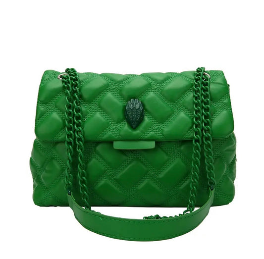 Green Faux Leather Quilted Chain Luxury Handbag