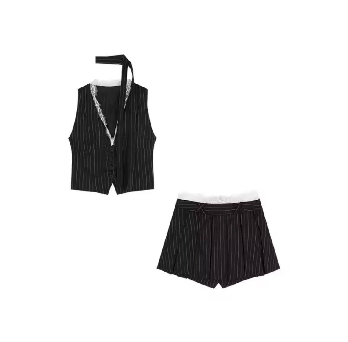 Black Pinstripe 3 Piece Vest Skirt Suit Set