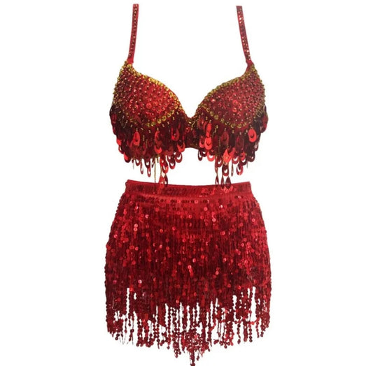 Red Sequin Tassel 2 Piece Belly Dance Festival Outfit Set