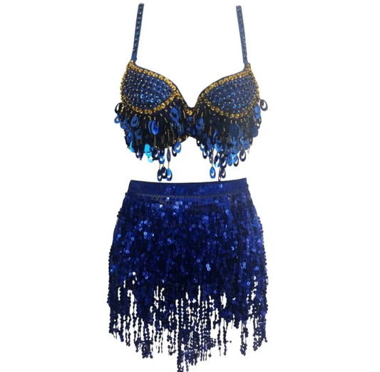 Royal Blue 2 Piece Sequin Tassel Belly Dance Festival Outfit Set