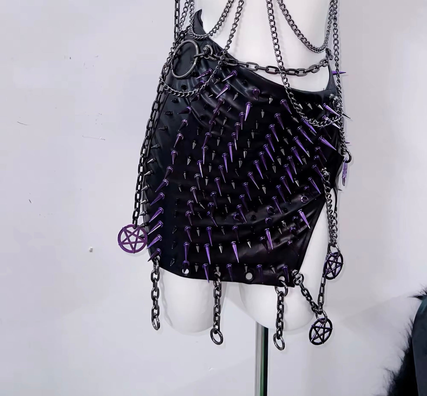 Black Faux Leather Punk Pentagram Spike Skirt