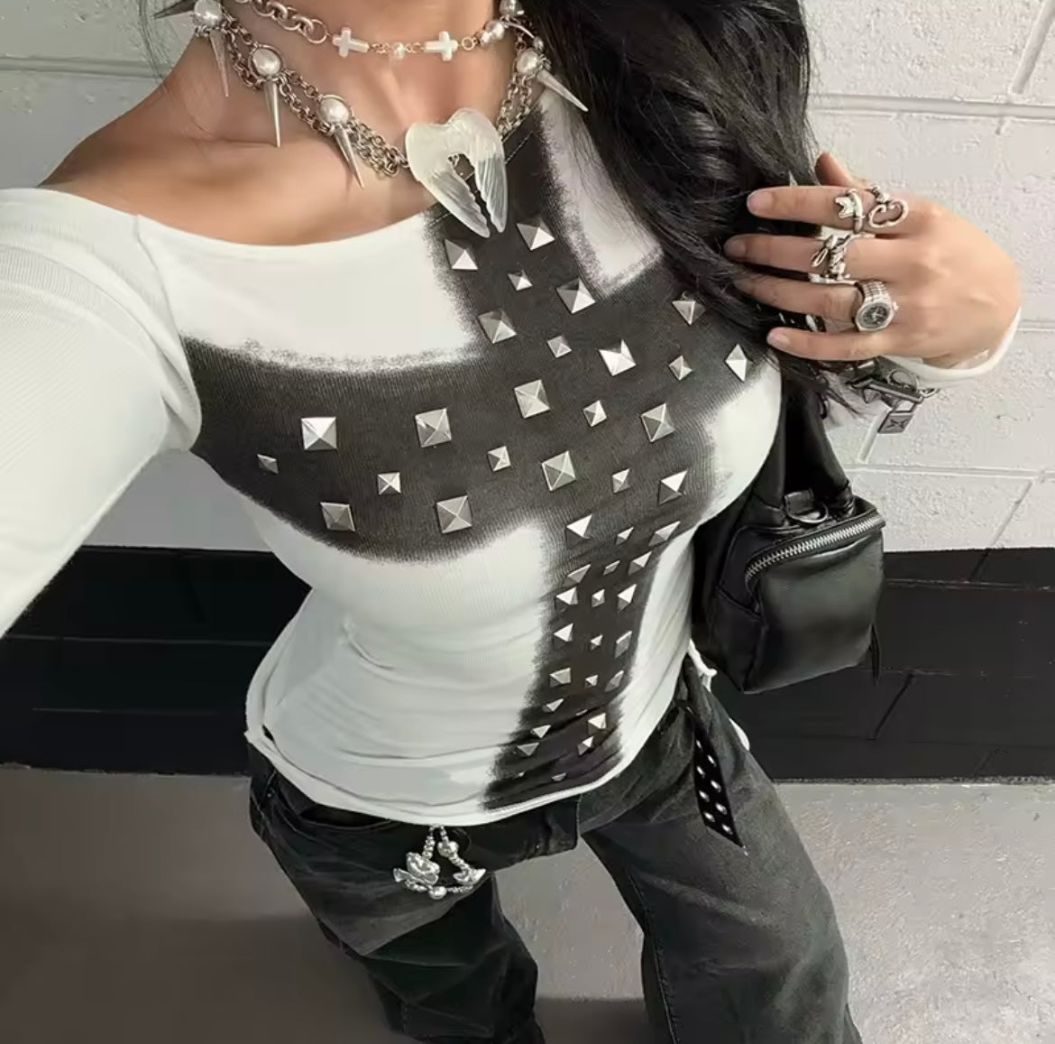 White Cross Studded Gothic Y2K Off Shoulder Top