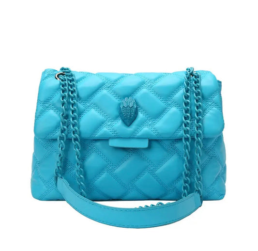 Blue Faux Leather Quilted Chain Luxury Handbag