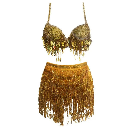 Gold Sequin Tassel 2 Piece Belly Dance Festival Outfit Set
