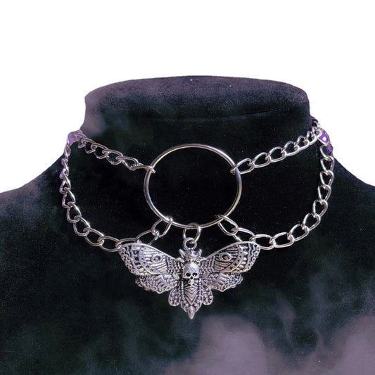 Silver Moth Pendant Chain Gothic Choker Necklace