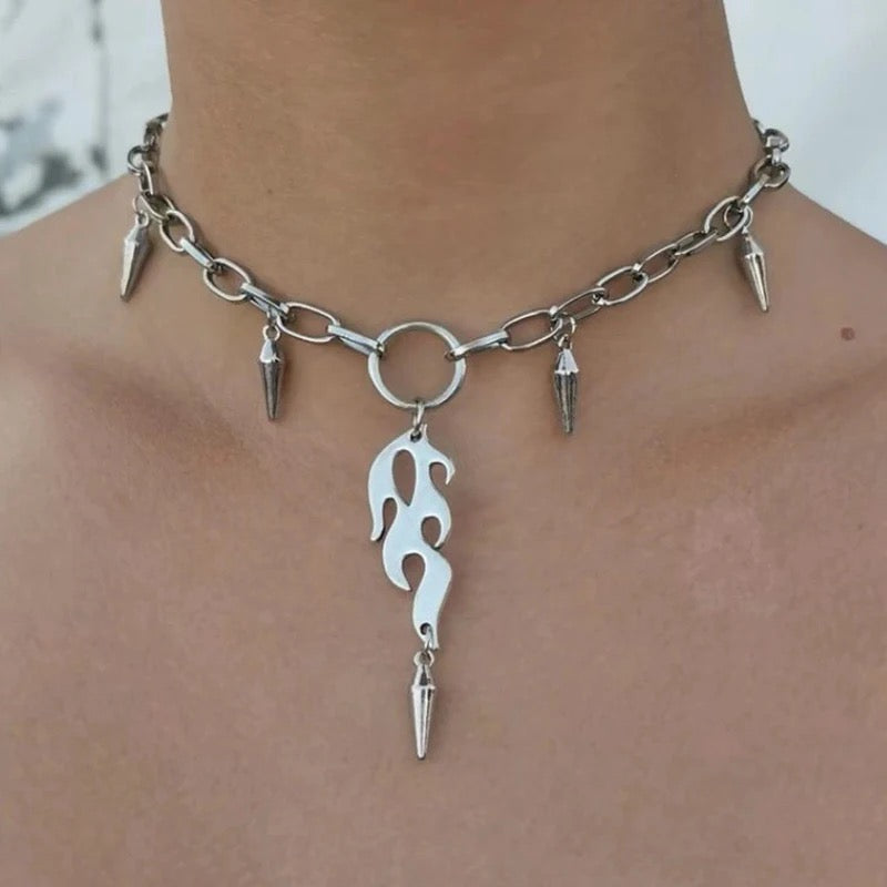 Silver Punk Flame Pendant Chain Necklace