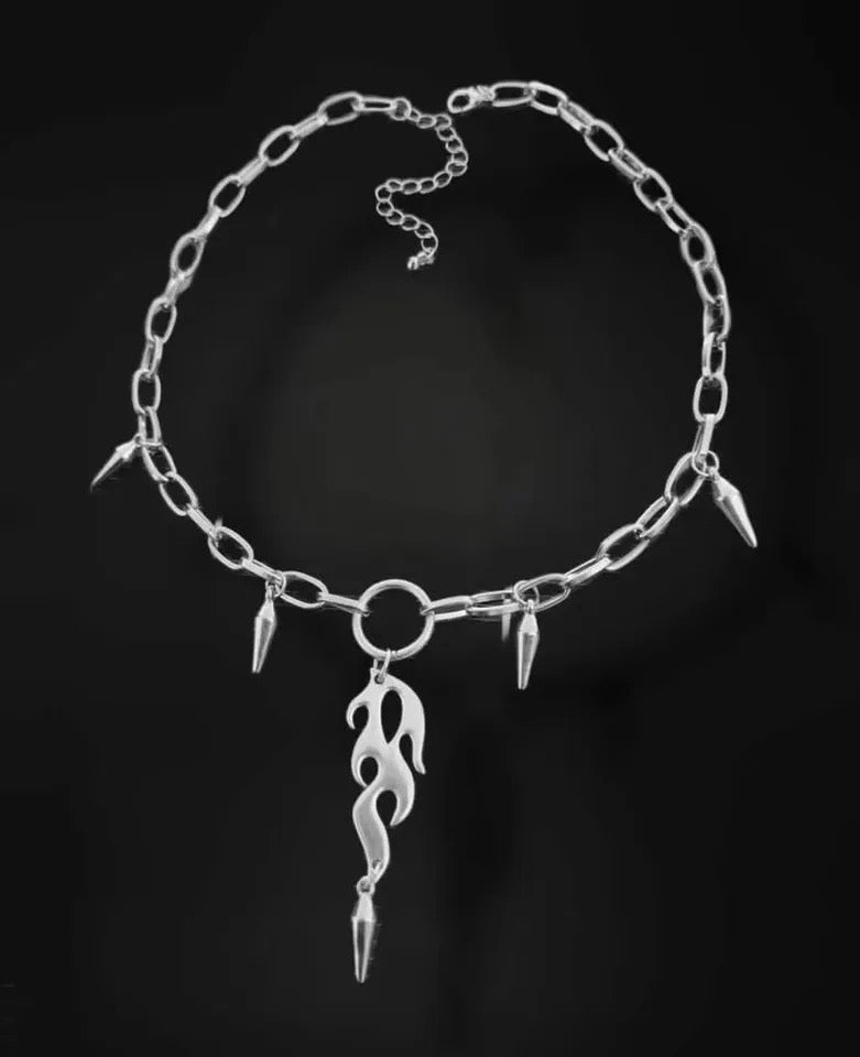 Silver Punk Flame Pendant Chain Necklace