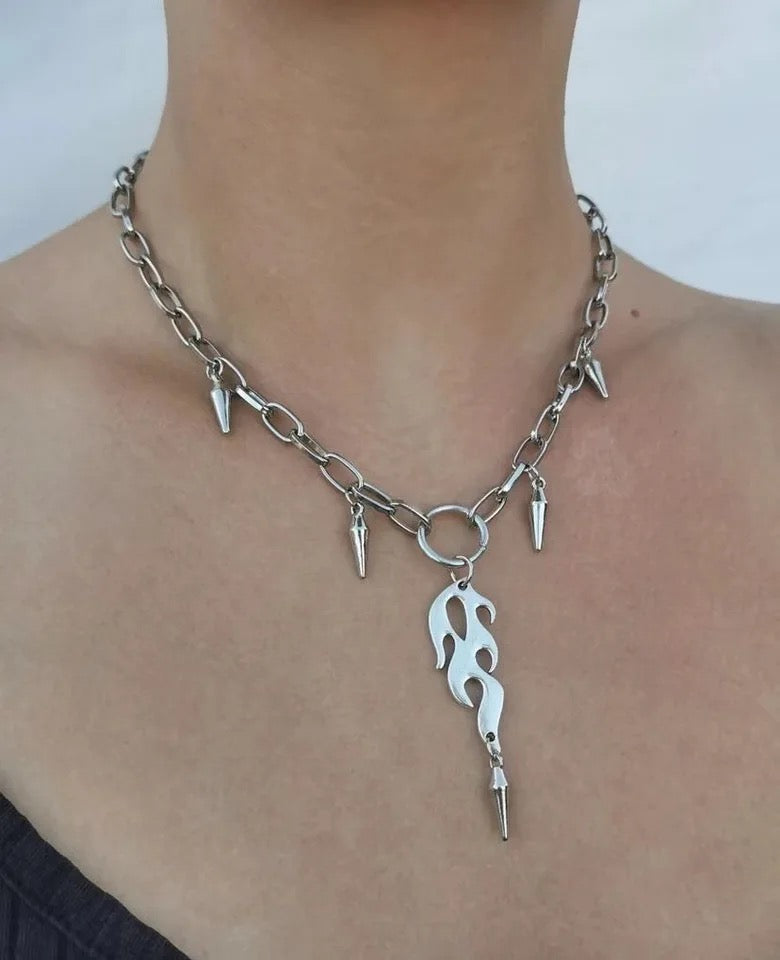 Silver Punk Flame Pendant Chain Necklace