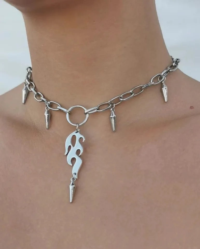 Silver Punk Flame Pendant Chain Necklace