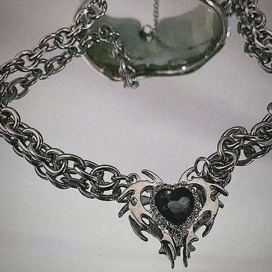 Silver Chunky Chain Punk Thorn Heart Gem Necklace