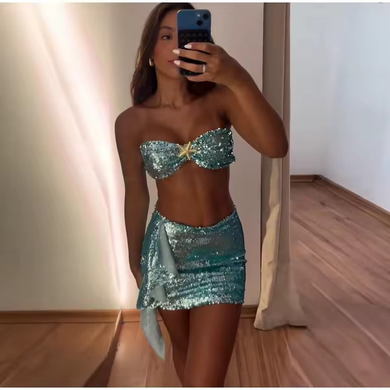 Green Sequin 2 Piece Mermaid Ibiza Skirt Co-Ord Set