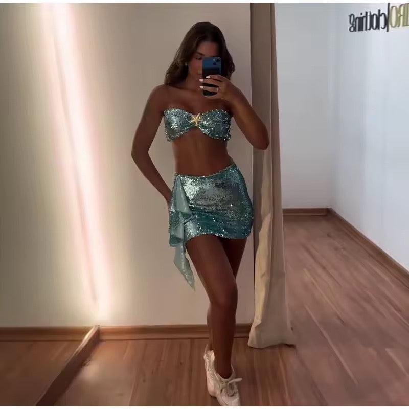 Green Sequin 2 Piece Mermaid Ibiza Skirt Co-Ord Set