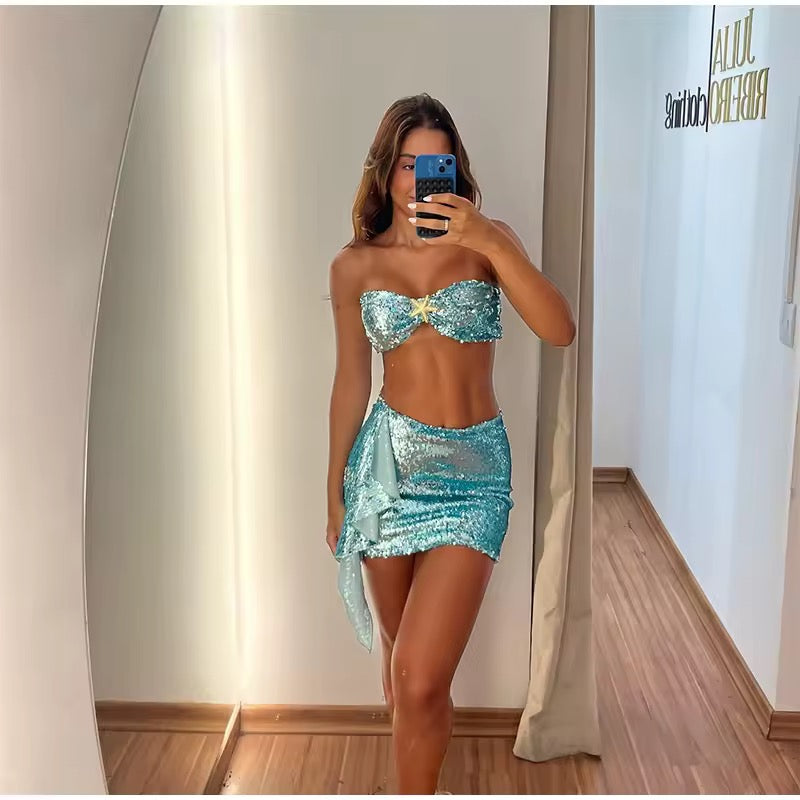 Green Sequin 2 Piece Mermaid Ibiza Skirt Co-Ord Set