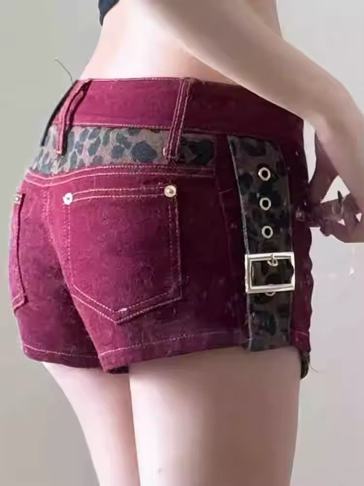 Red Low Rise Punk Leopard Print Shorts