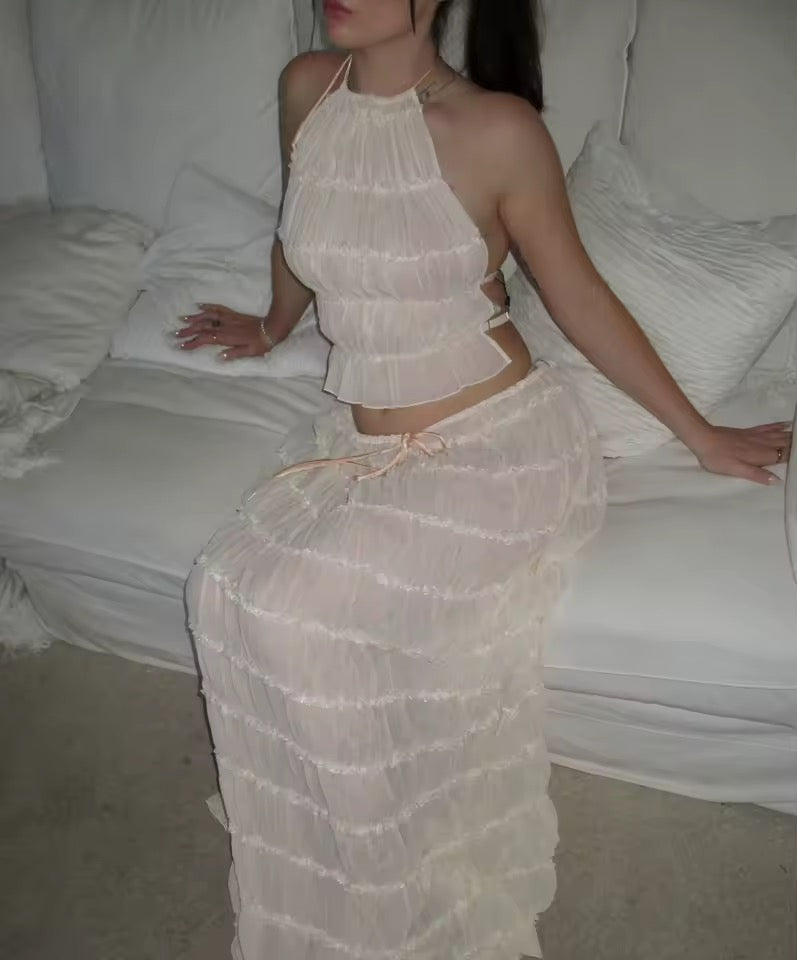 Cream Boho Two Piece Ruffle Vacation Skirt Set