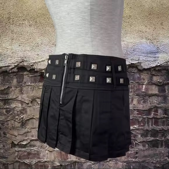 Black Punk Studded Pleated Mini Skirt