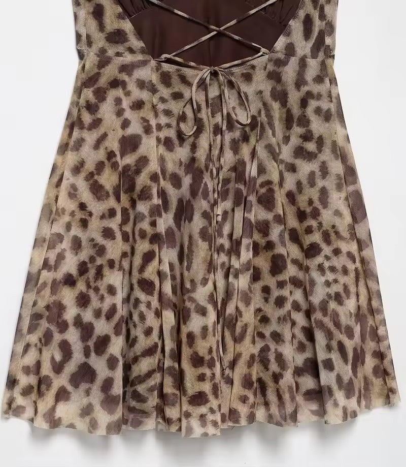 Brown Leopard Print Chiffon Y2k Mini Dress