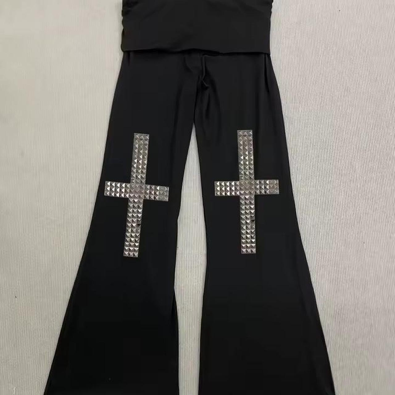 Black Punk Studded Roll Waist Flare Trousers
