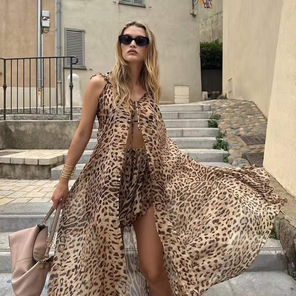 Brown Leopard Print Two Piece Vacation Maxi Cami Shorts Set