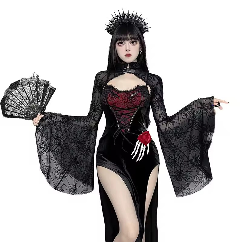 Black Mesh Spiderweb Gothic Print Long Sleeve Bolero Shrug