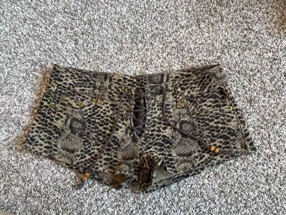 Brown Snakeskin Print Low Rise Lace Up Y2k Shorts