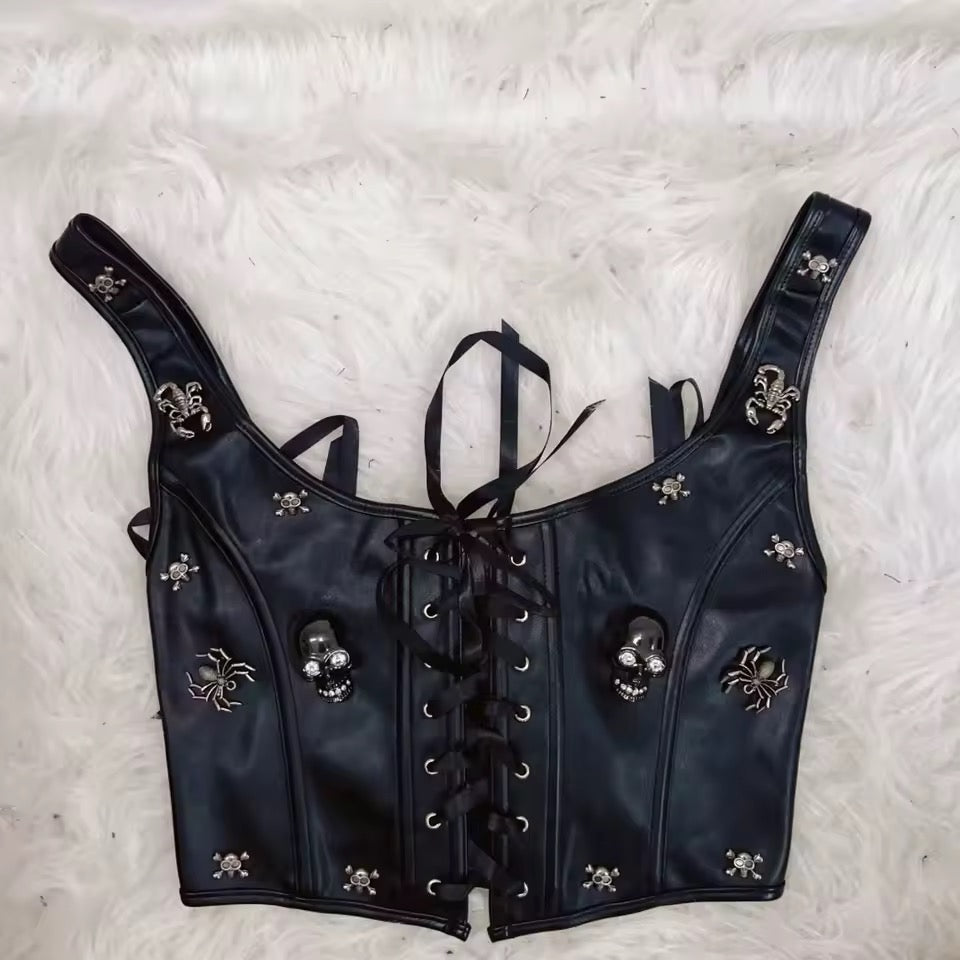Black Faux Leather Gothic Punk Skull Corset Crop Top