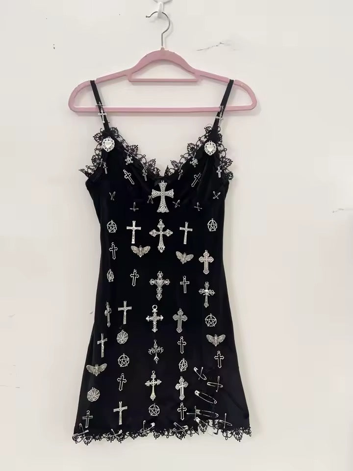 Black Gothic Punk Cross Charm Mini Lace Dress