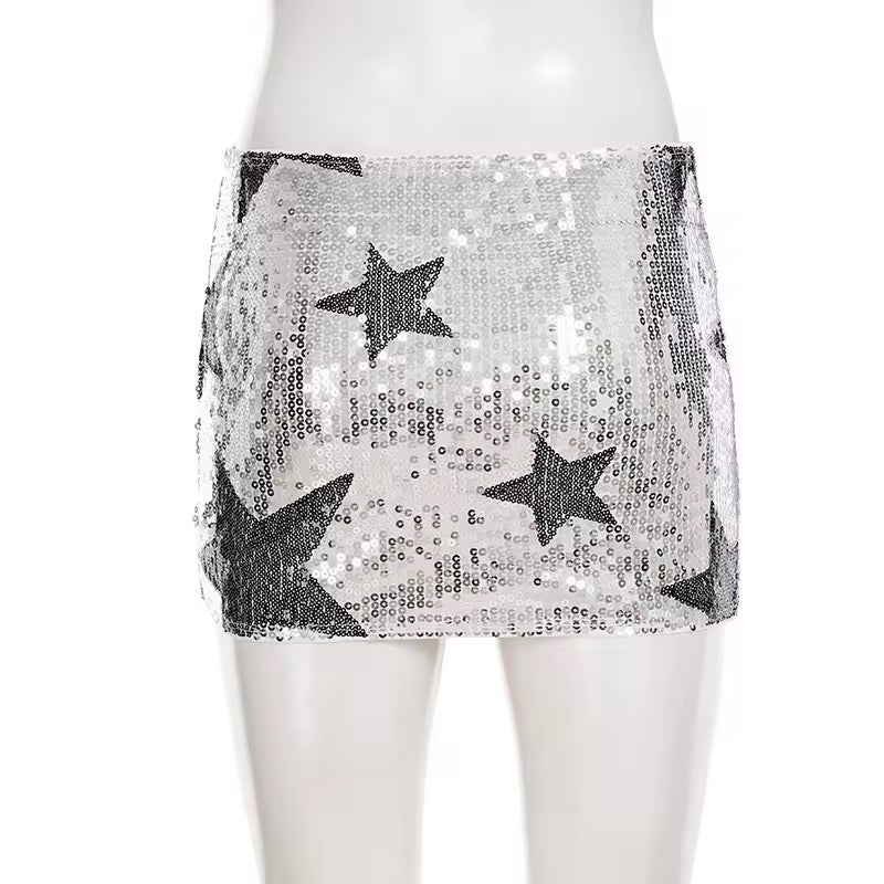 Silver Sequin Star Going Out Mini Skirt