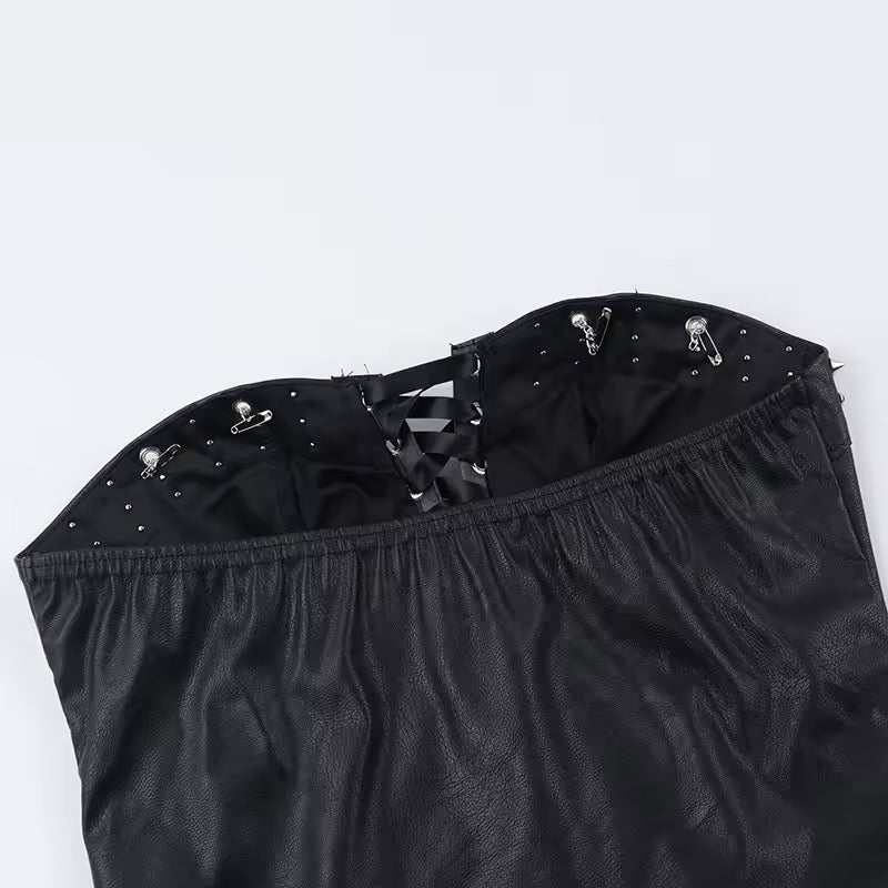 Black Faux Leather Punk Studded Corset Crop Top