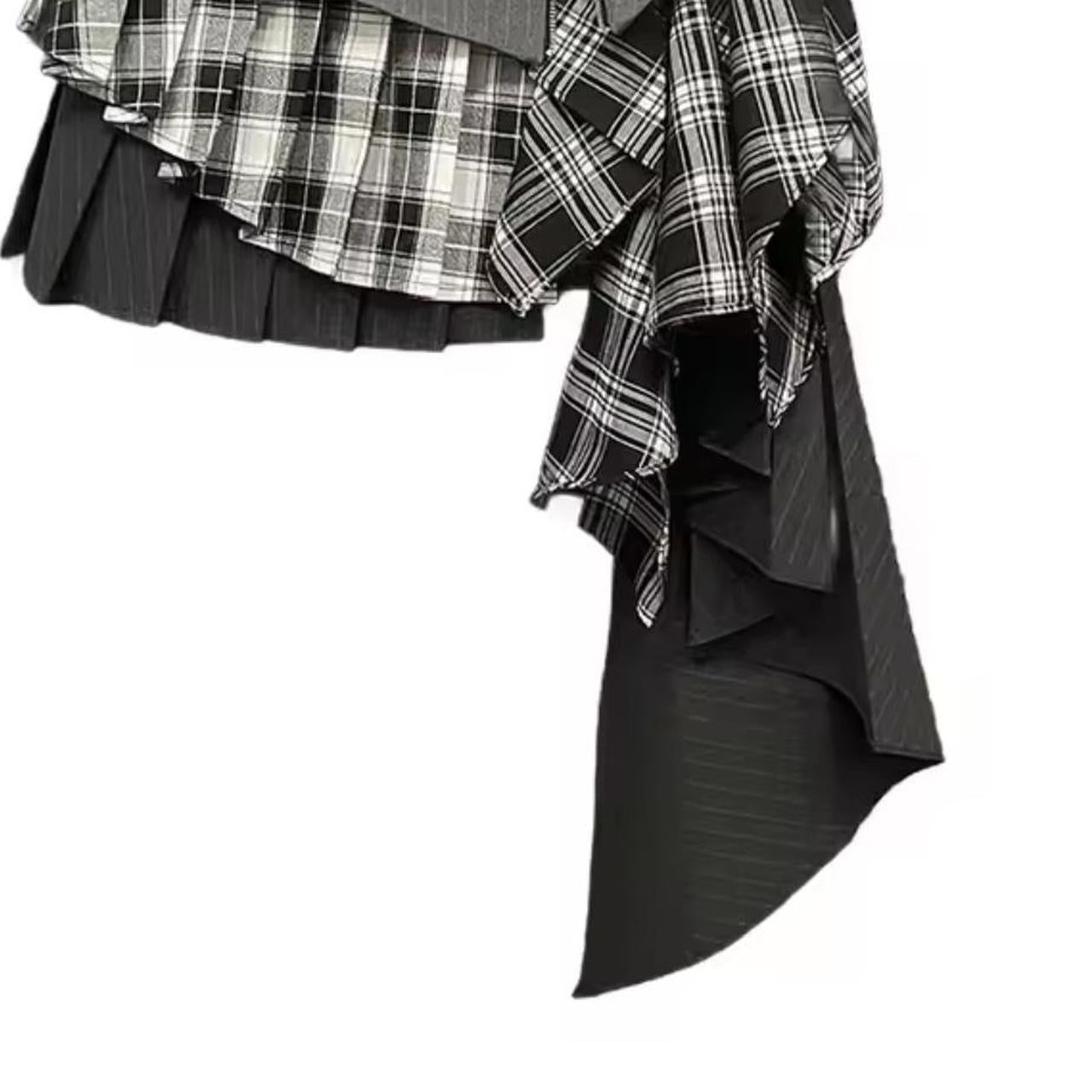 Grey Tiered Checkered Pinstripe Reworked Grunge Mini Skirt