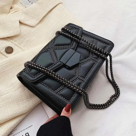 Black Faux Leather Studded Chain Box Bag