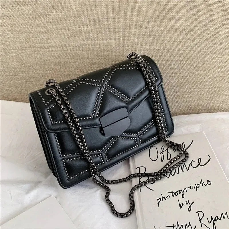 Black Faux Leather Studded Chain Box Bag