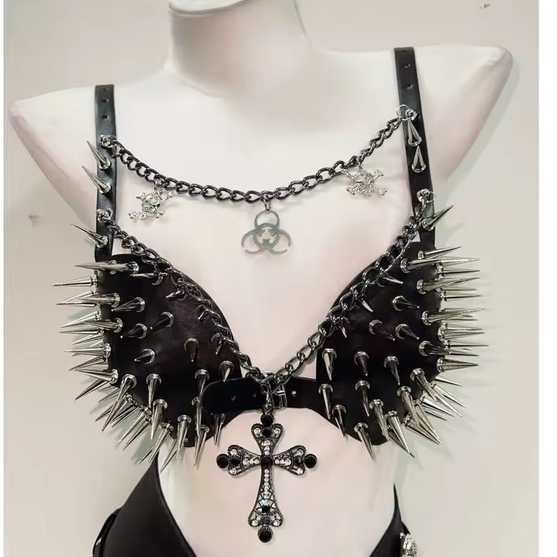 Black Faux Leather Spike Punk Chain Bra