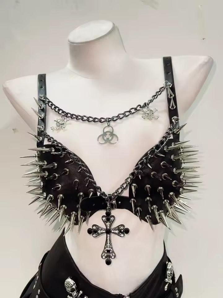 Black Faux Leather Spike Punk Chain Bra