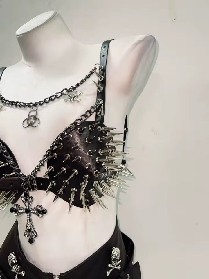 Black Faux Leather Spike Punk Chain Bra