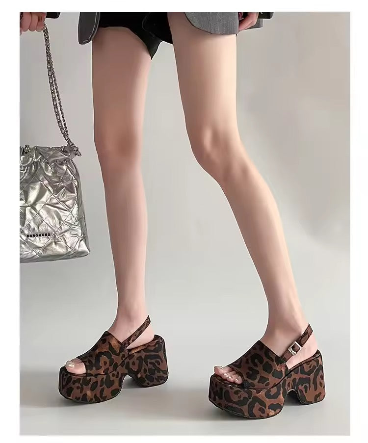 Brown Leopard Print Y2k Retro Platform Open Toe Sandals