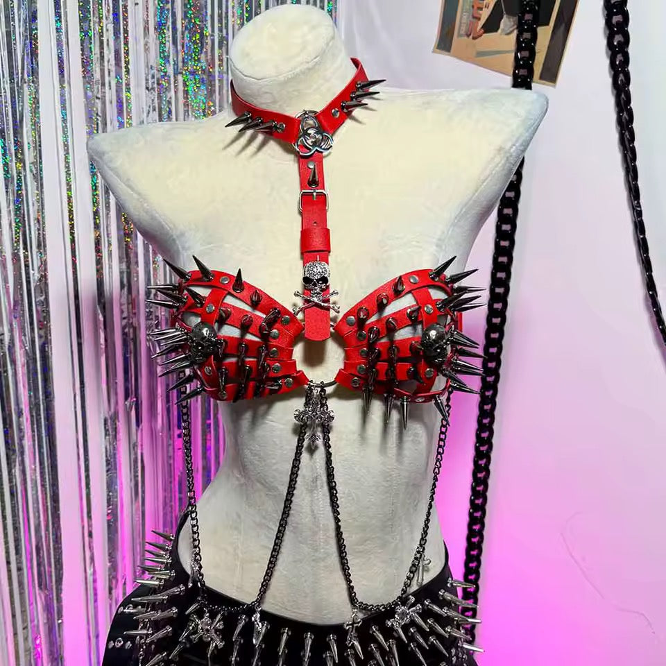 Red Faux Leather Spike Punk Chain Festival BDSM Harness