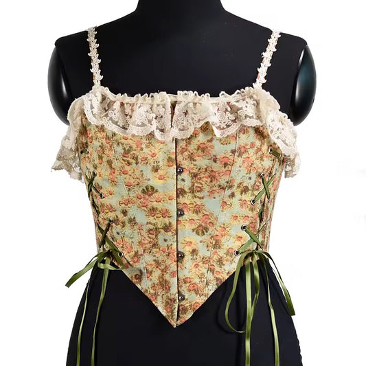 Cream Floral Cottagecore Lace Cropped Corset Top