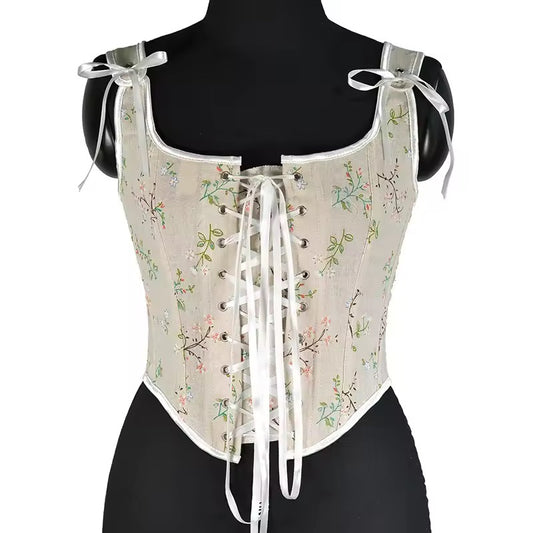 Cream Floral Regency Cottagecore Cropped Corset Top