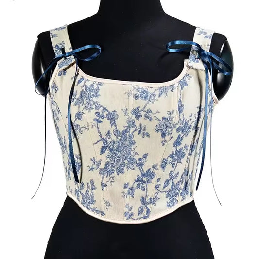White And Blue Vintage Regency Style Floral Cropped Corset Top