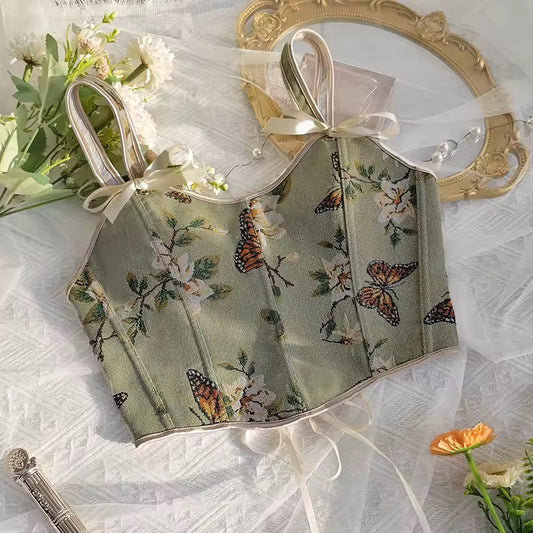 Green Butterfly Floral Cottagecore Cropped Corset Crop Top