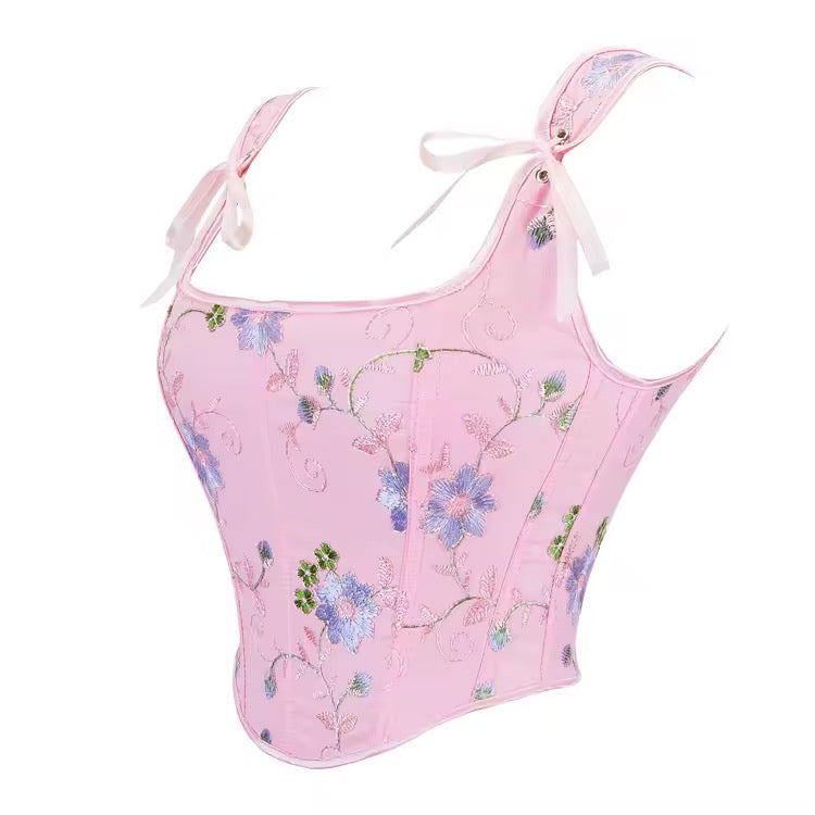 Pink Fairycore Floral Romantic Cropped Corset Top