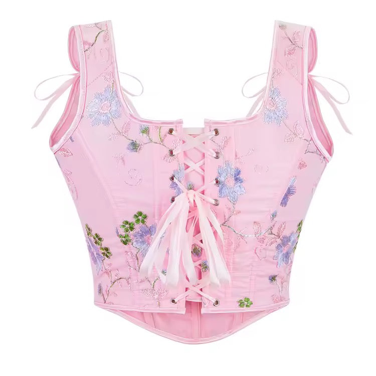 Pink Fairycore Floral Romantic Cropped Corset Top