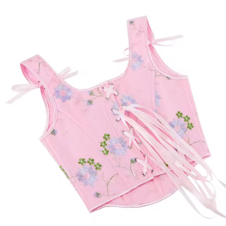 Pink Fairycore Floral Romantic Cropped Corset Top