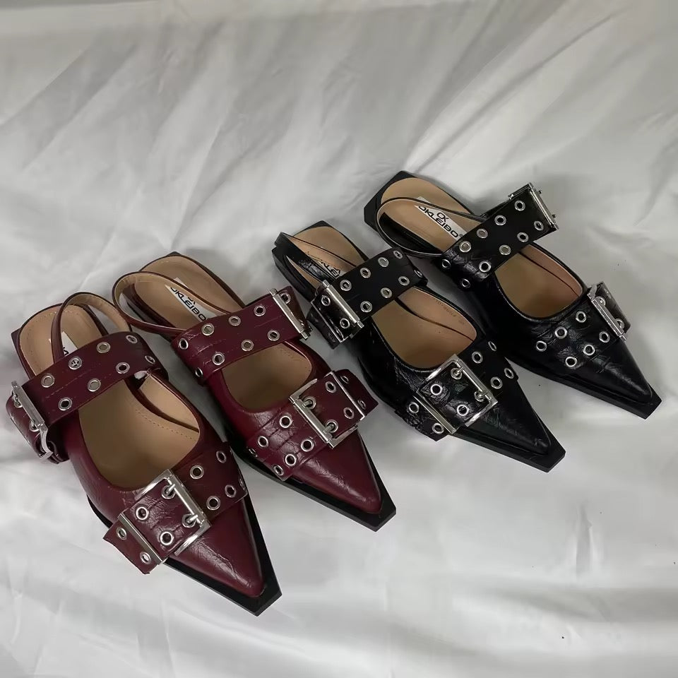 Leather Corporate Goth Point Toe Buckle Flat Shoes