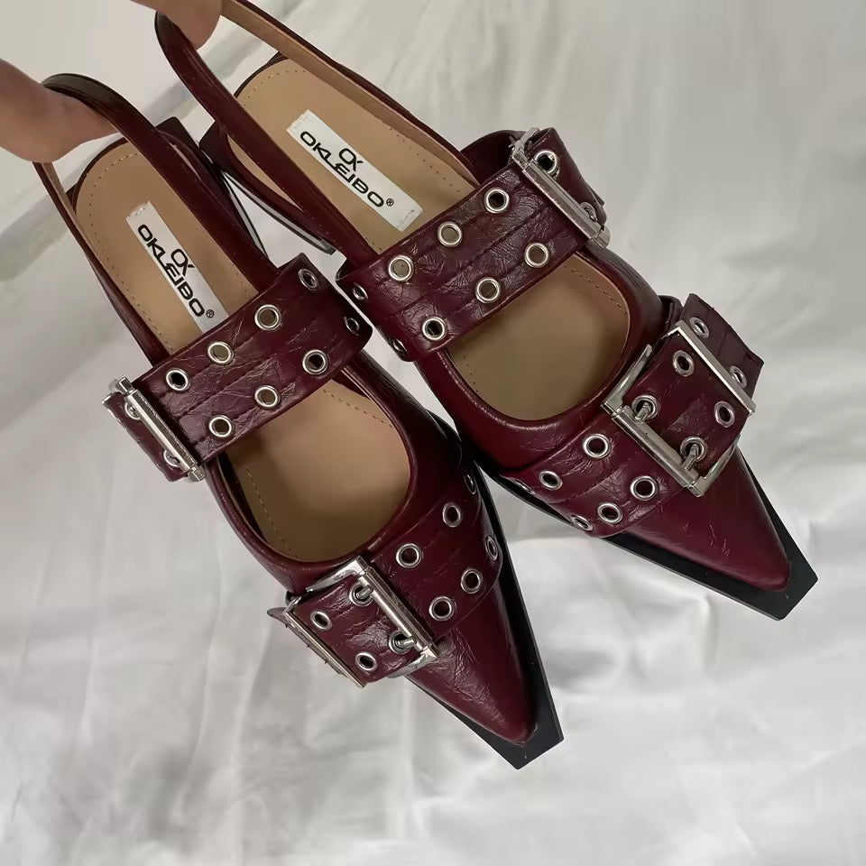 Leather Corporate Goth Point Toe Buckle Flat Shoes