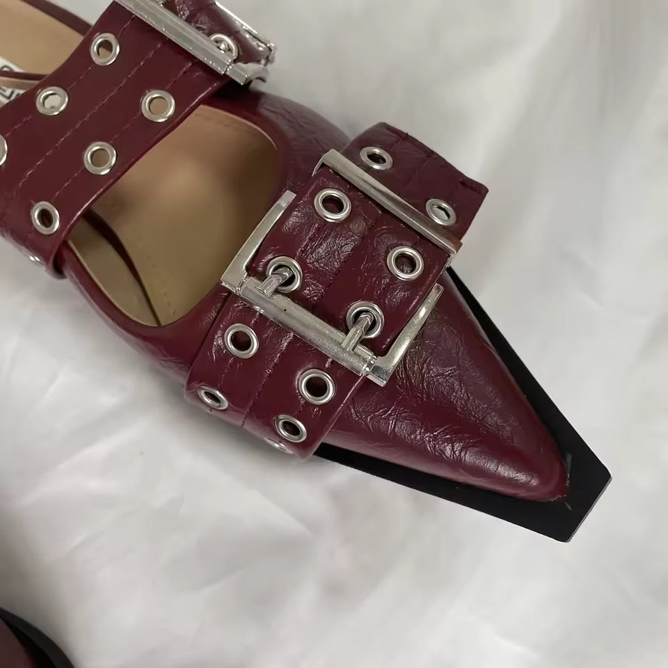 Leather Corporate Goth Point Toe Buckle Flat Shoes