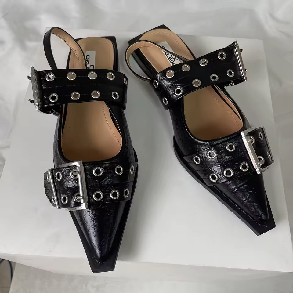 Leather Corporate Goth Point Toe Buckle Flat Shoes