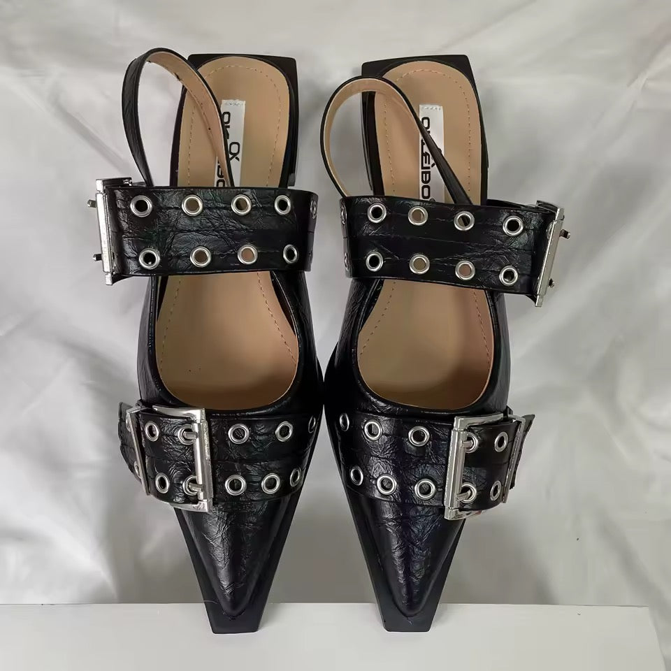 Leather Corporate Goth Point Toe Buckle Flat Shoes