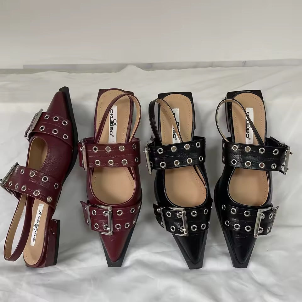 Leather Corporate Goth Point Toe Buckle Flat Shoes